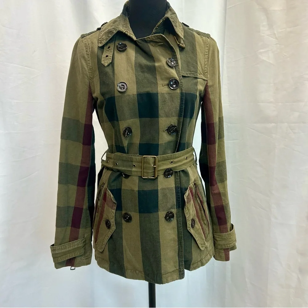 Burberry Brit Check Trench Coat Jacket double breasted Short Linen green belted - Picture 2 of 16